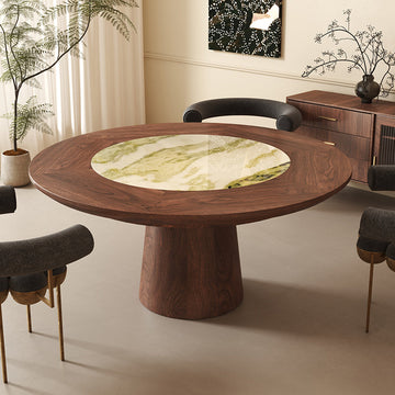 RINGCHEN Black Walnut Round Dining Table with Integrated Irish Green Stone Lazy Susan